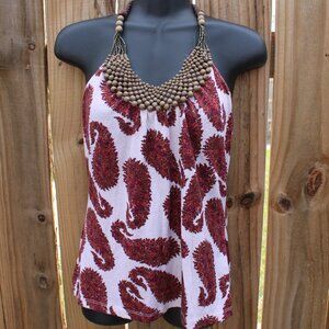 Sky Halter Paisley Tank Top Boho Beaded Neckline Size M